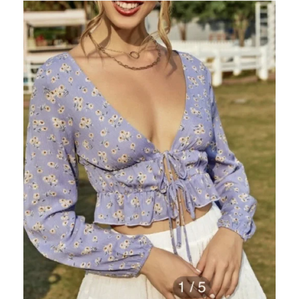 SHEIN Sweet Lilac Daisy Print Long Sleeve Deep V Cropped Waist Tie Blouse - Picture 2 of 12